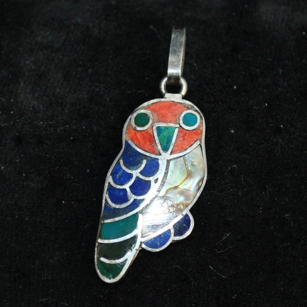 Vintage 950 Silver Inlaid Stones & Pearl Shell Owl Pendant Native American Made